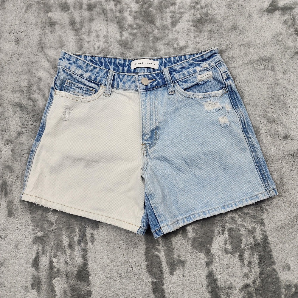 Flying Monkey Shorts Womens 25 Blue White High Rise Mom Colorblock Distressed